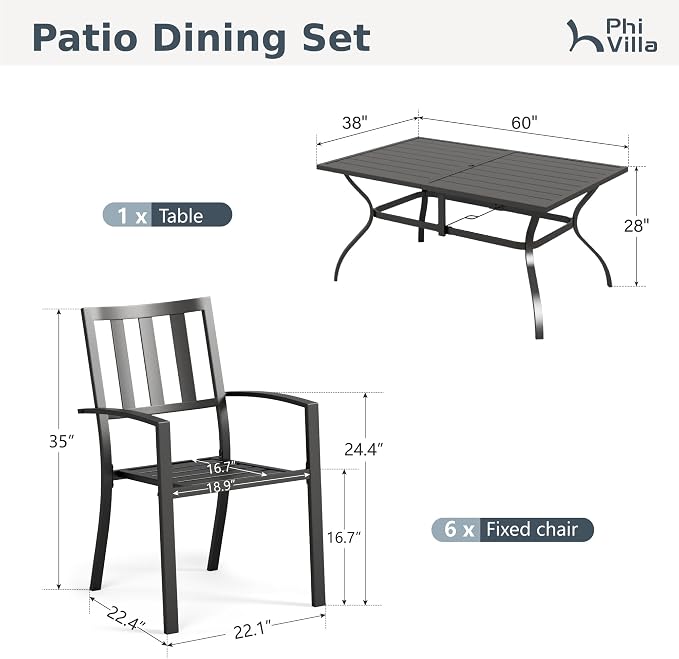 PHI VILLA 7pcs Outdoor Table and Chairs,60” Rectangular Table w/Umbrella Hole