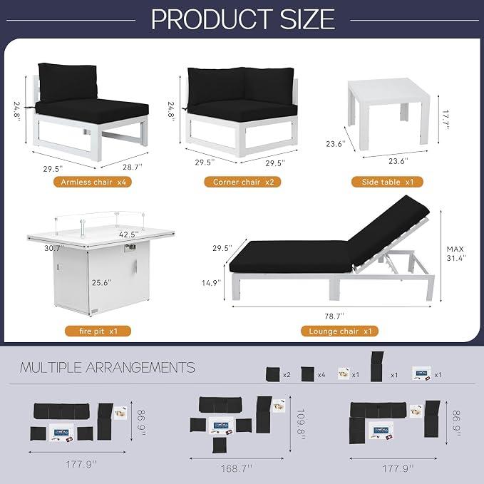 BULEXYARD 7 Seat Large Aluminum Patio Conversation Set with Lounge & Fire Pit Table, 29" Deep Wide Seat, High End Modular Sectional Seating, 500 lbs Heavy Duty Anti-Rust Outdoor Sofa for Pool, Black