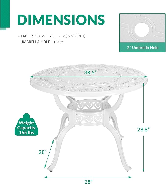 VIVIJASON 38.5" Patio Bistro Table Outdoor Dining Round Table White Cast Aluminum Table with Umbrella Hole