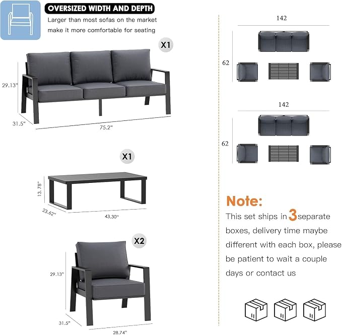 Aluminum Outdoor Patio Furniture Set, 4 Piece Sectional Coversation Sets with Coffee Table, Modern Outdoor Sofa Couch with Thick Cushions for Porch, Balcony, Garden (Dark Gray Cushions)