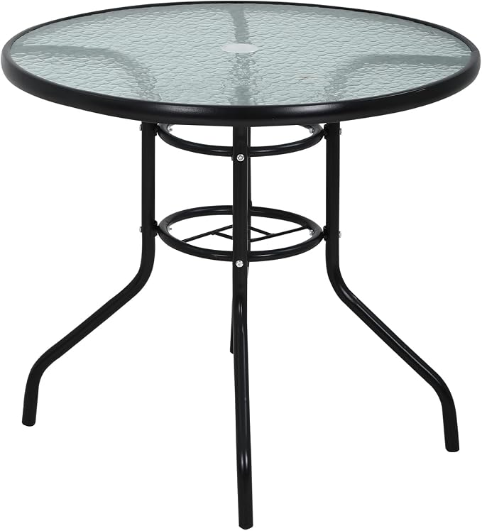 MKDLUFEI Patio Table with Umbrella Hole, 32 Inch Round Tempered Glass Metal Outdoor Dining Table Garden Elements for Balcony, Backyard Pool(Round)