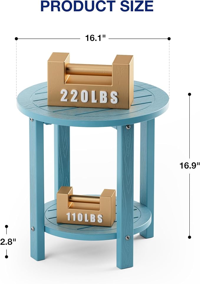 YEFU Outdoor Side Table for Patio: 16in HIPS Small Round Outdoor End Table - 2-Tier Adirondack Tables for Porch Patio Yard Poolside Living Room Beach Bedroom (Blue, 2 Pack)
