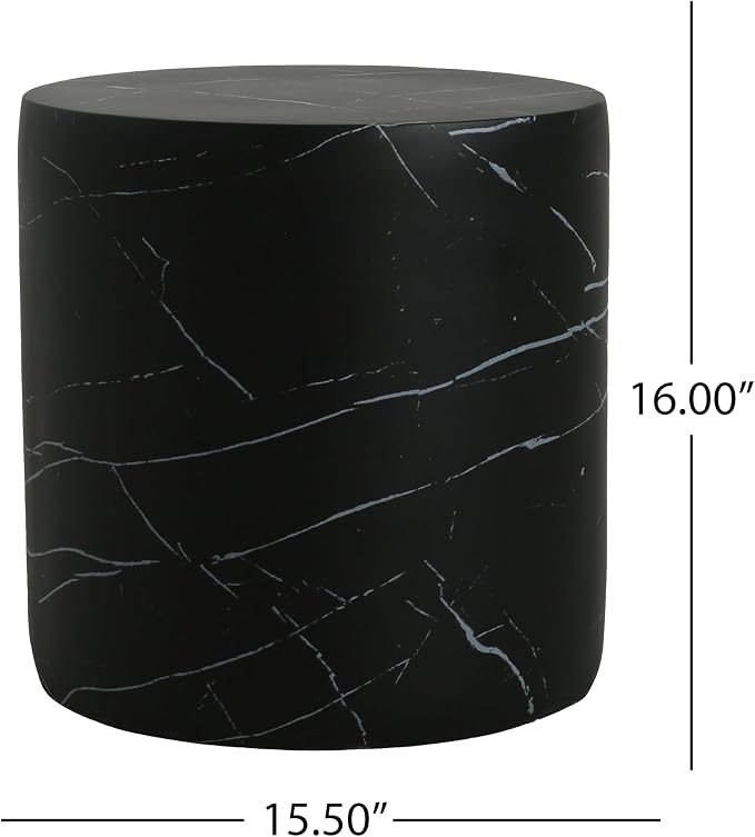 Outdoor Side Table Faux Marble End Table Travertine End Tables Concrete Side Tables Faux Stone Small Coffee Tables for Patio, Garden Stool Plant Stand for Porch Backyard, 15.5"*16"Cylindrical Black