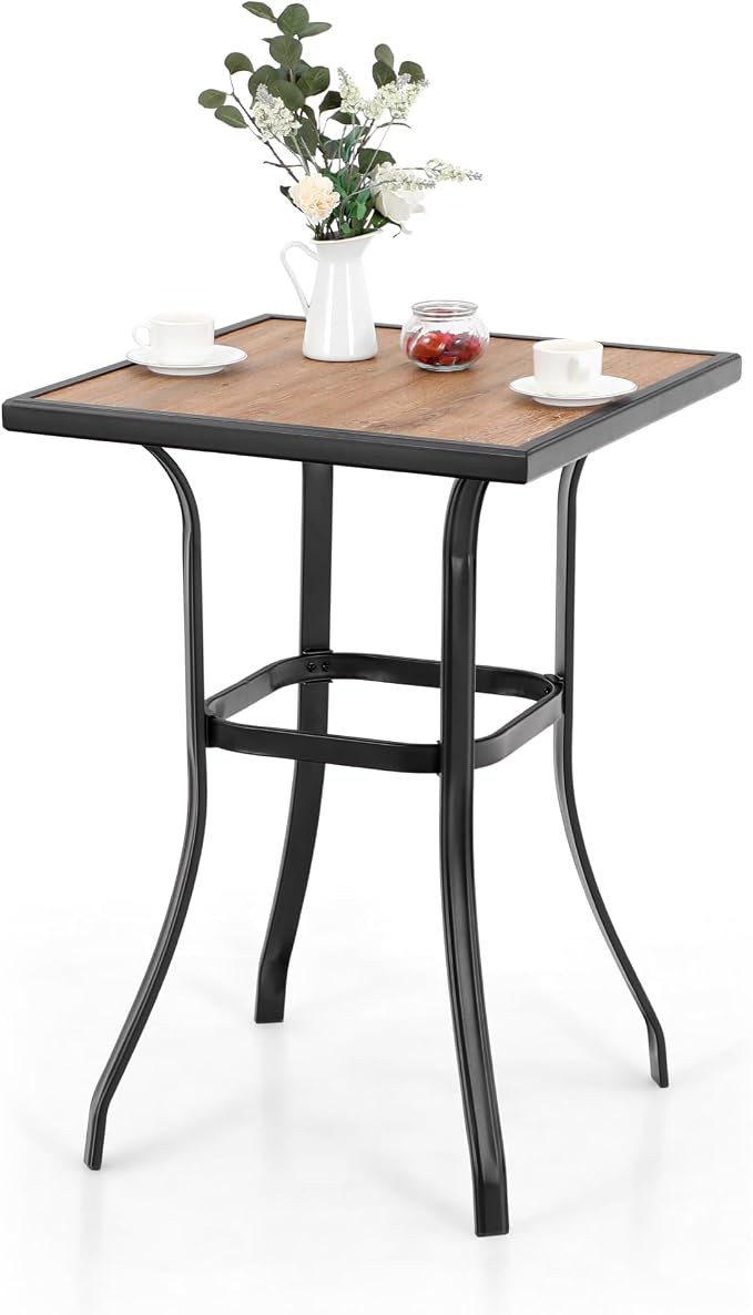 Sophia and William Outdoor Bar Height Table Square Patio Bar Table Metal Bistro Bar Table 27" x 27" Wood Like for Backyard Garden Pool