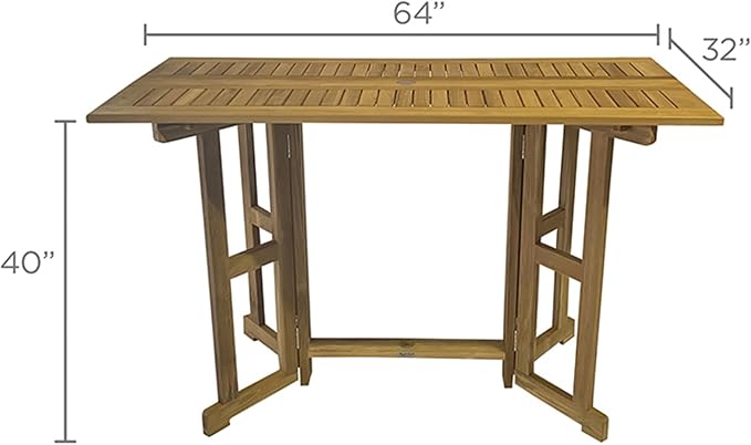 Royal Teak Collection Drop Leaf Bar Table, 64-Inch Folding Outdoor Rectangular Table, Space-Saving, Bar Height, Balcony, Garden or Patio Wooden Teak Outdoor Furniture (BTDL64)