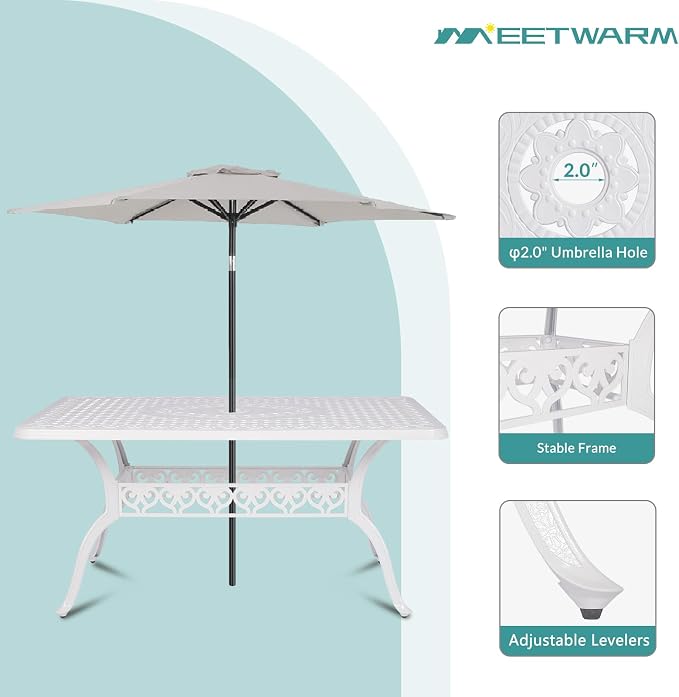 MEETWARM Outdoor 60" Rectangular Patio Dining Table, All Weather Cast Aluminum Large Patio Furniture Table Fits for 6-8 Person with 2" Umbrella Hole, White