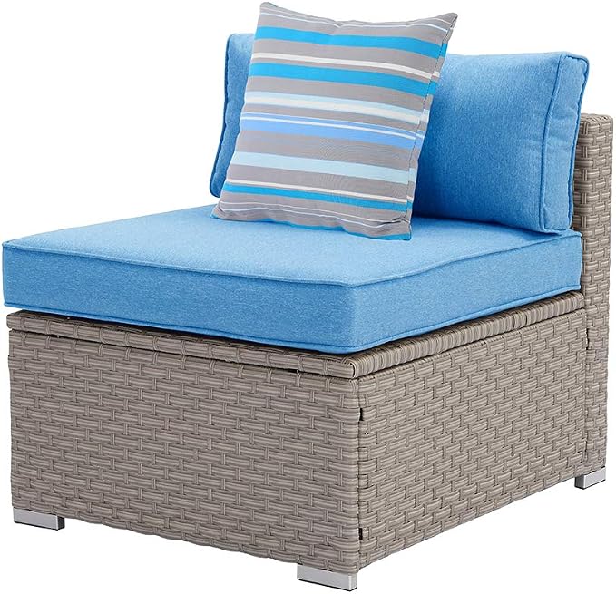 HOMPUS Outdoor Patio Furniture Warm Gray Wicker Armless Chair w Blue Cushion w 1 Stripe Pillow for Garden, Pool, Backyard