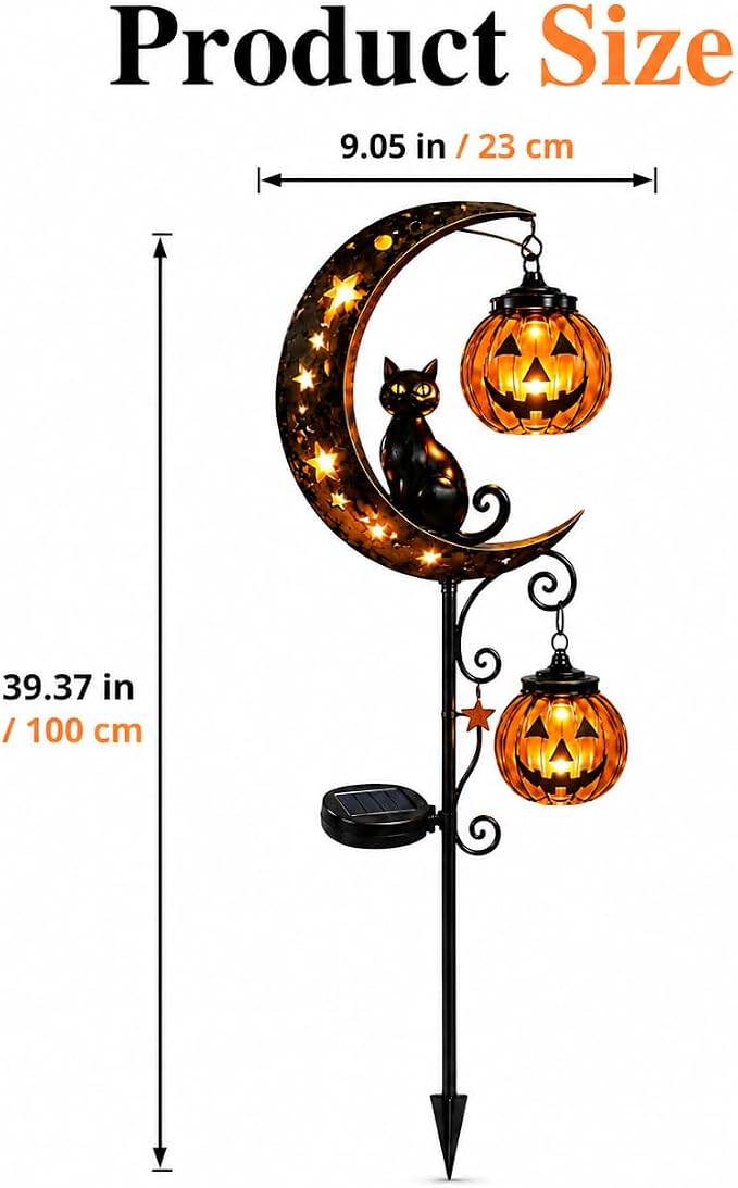 Solar Halloween Black Cat & Pumpkin Moon Garden Stake Light, Outdoor Waterproof LED Yard Decoration with Crescent Moon, Hanging Jack-o'-Lantern Lantern for Garden, Patio, Walkway, Porch (Style C C)