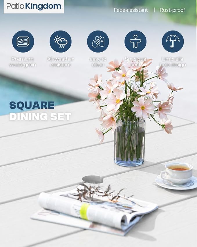 HDPE Outdoor Dining Set for 4, Square Table and Chairs, White | All-Weather HDPE, Wood Grain Finish, 42.5" Square Table, Built-In Umbrella Hole, Seats 4, Patio & Poolside Ready