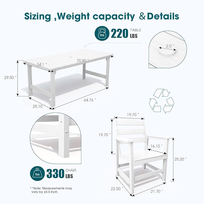 THOEOE 7 Piece Outdoor Dining Set, Patio Dining Table and 6 Chairs, All-Aluminum Frame, All-Weather HDPE Outdoor Furniture with Umbrella Hole for Garden, Lawn, Poolside, White