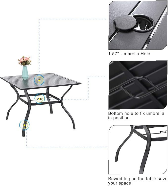 PHI VILLA Outdoor Patio Dining Set with Umbrella, Outside Table and Folding Chair Set for 4 and 1 Large Patio Table Umbrella(Navy Blue)
