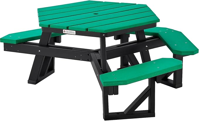 Global Industrial Outdoor 46" Hexagonal ADA Accessible Picnic Table with 3 Attached Benches, Recycled Plastic Construction, 1600 Lbs Weight Capacity, Green