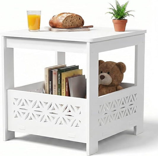 VINGLI Outdoor Side Table with Storage, 15.6" Square Resin Patio End Table, Weatherproof Rustproof Balcony Backyard Poolside Small Table (White)