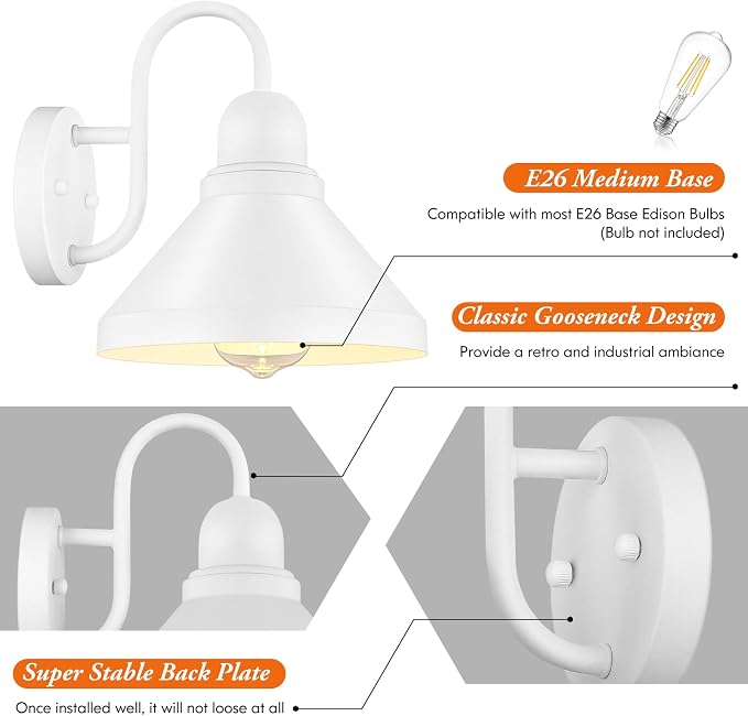 Gooseneck Outdoor Wall Lanterns, Pack of 2 Exterior Light Fixtures, Anti-Rust Outside Barn Wall Mount Sconces, Waterproof White Patio Wall Lamps for House, Front Door, Bulb Excluded