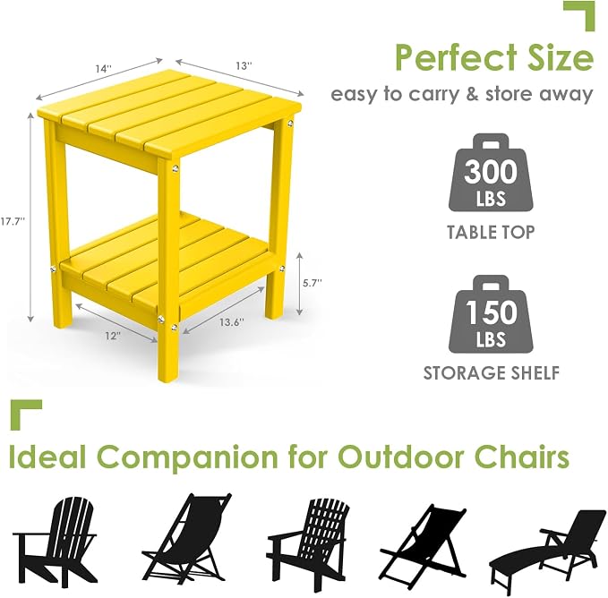 GREENVINES Adirondack-Outdoor-Side-Table | 14 x 13 Inches | HDPE Plastic | All Weather | Yellow | Outside End Tables | Storage Shelf | for Patio Porch Backyard Indoor