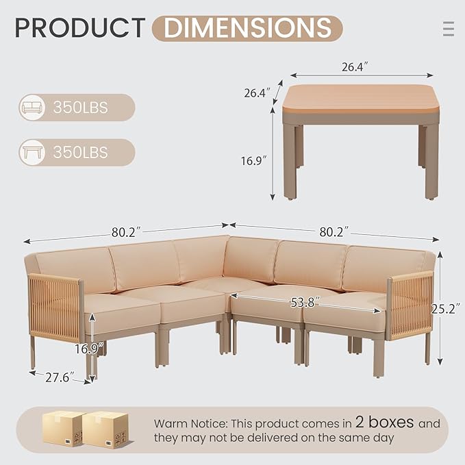 EROMMY 6 Pieces Patio Sectional Furniture Set, Metal Frame Outdoor Conversation Set with 6" Thick Cushions & Coffee Table, All-Weather Sectional Sofa for Poolside, Deck, Backyard, Beige