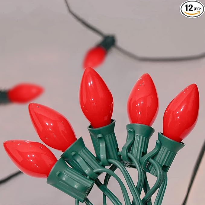 C7 Red Christmas Lights Outdoor, 25Ft C7 Incandescent Christmas Decorations String Lights With 27 Red Ceramic Bulbs, Vintage Christmas Lights for Outdoor Roofline Patio Party Xmas Tree Valentines
