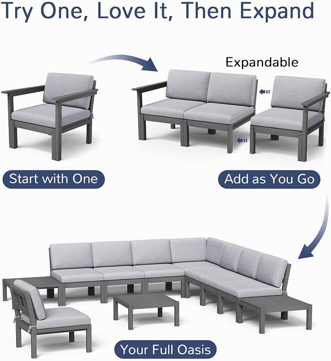 Stoog Modular Armchair with Removable Arms - HIPS Frame & Deep Seat Waterproof Patio Chair for Sectional, Grey