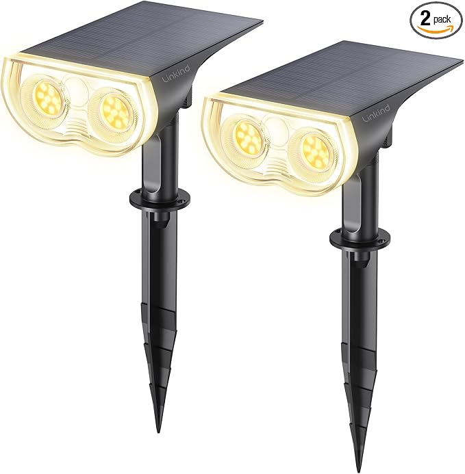 Linkind Solar Lights Outdoor Waterproof LED Spotlights Warm White 2 Pack | Starray, 3 Lighting Modes, 650LM, 3000K, Dusk to Dawn, In-Ground Wall-Mounted for Landscape Yard Garden Tree Flag Pathway