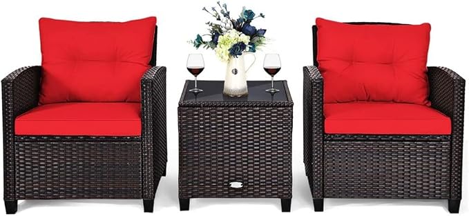 3PCS Patio Rattan Furniture Set Cushioned Conversation Sofa Coffee Table for Your Outdoor Space(Black)