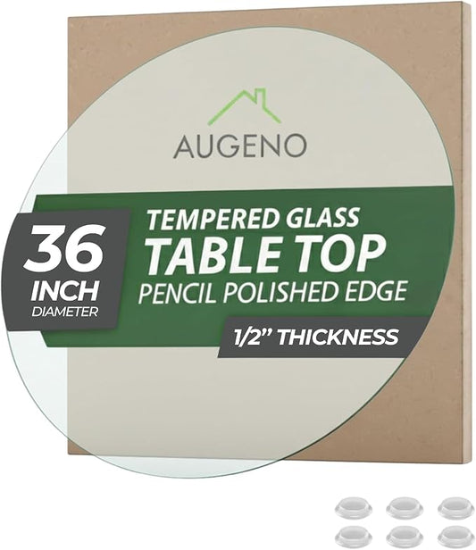 36-inch Round 1/2" Thick Pencil Polished Edge Glass Table Top with 6 Bumpers - Tempered, Scratch Resistant & Safety Replacement Glass Designed for Dining, Coffee, Patio & End Tables