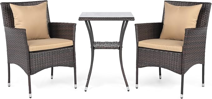 DORTALA Wicker Patio Furniture Set 3 Piece, Small Outdoor Table & Chairs with Tempered Glass Tabletop, Cushions, Rattan Conversation Bistro Set for Balcony, Porch, Backyard, Deck, Mix Brown+Beige