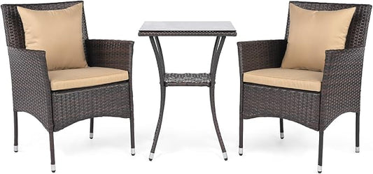 DORTALA Wicker Patio Furniture Set 3 Piece, Small Outdoor Table & Chairs with Tempered Glass Tabletop, Cushions, Rattan Conversation Bistro Set for Balcony, Porch, Backyard, Deck, Mix Brown+Beige