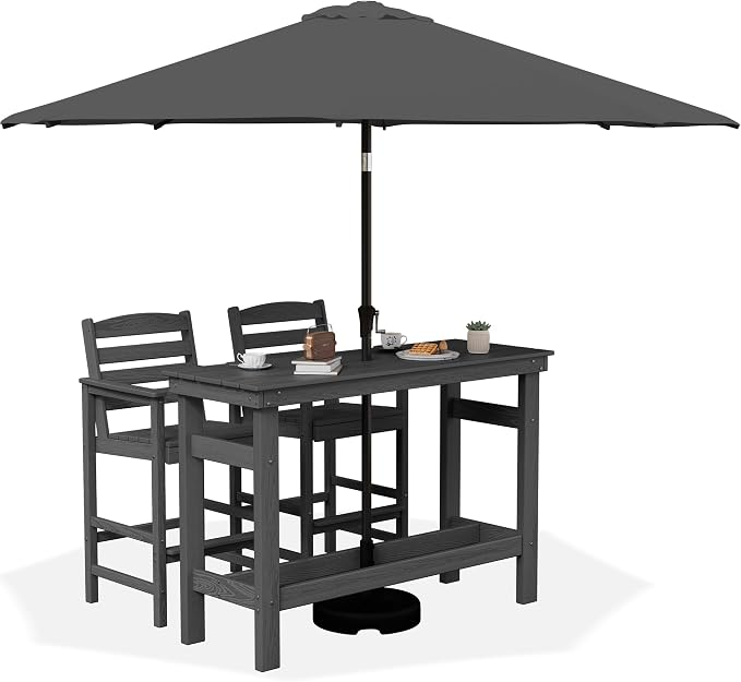SERWALL Outdoor Bar Set with 9ft Umbrella, All-Weather HDPE Patio Bar Chairs and Table, Outdoor Furniture Set, Grey (Umbreall Base not Included)
