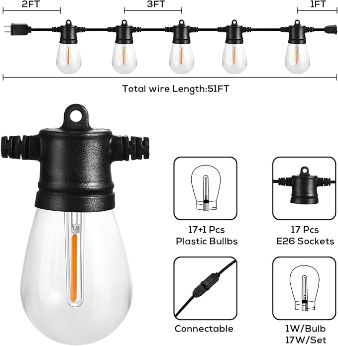 51FT Outdoor Shatterproof LED String Lights, Waterproof 17 Hanging Sockets with 18 x Dimmable LED Bulb Garden Light String, Waterproof Vintage Patio Lights for Wedding Party