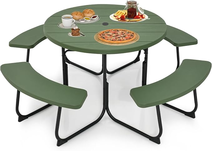 Round Picnic Table for 8 Person, Outside Table Bench Set w/ 4 Built-in Benches, Umbrella Hole, HDPE Top & Metal Frame, 2000LBS Capacity Outdoor Picnic Table for Garden, Porch, Patio (Green)