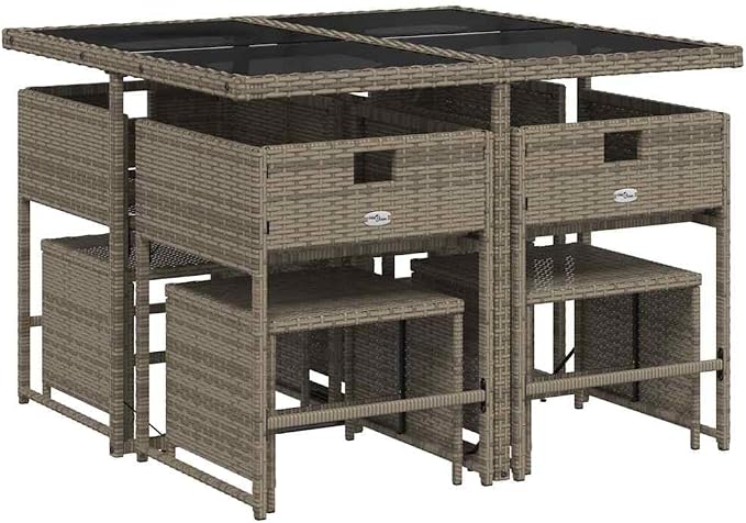 9-Piece Outdoor Dining Set, 8-Seater Patio Furniture, Foldable PE Rattan Chairs and Table, Grey Garden Seating for Backyard Deck