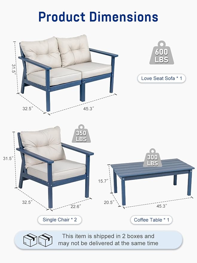 HDPE Patio Conversation Set 6 Seats, Outdoor Furniture Set, Patio Sofa Set | Water-Resistant Thick Cushion, HDPE All Weather, Wood-Grain, No Rot or Rust or Crack, UV Fade Shield, Easy-Clean for Outside