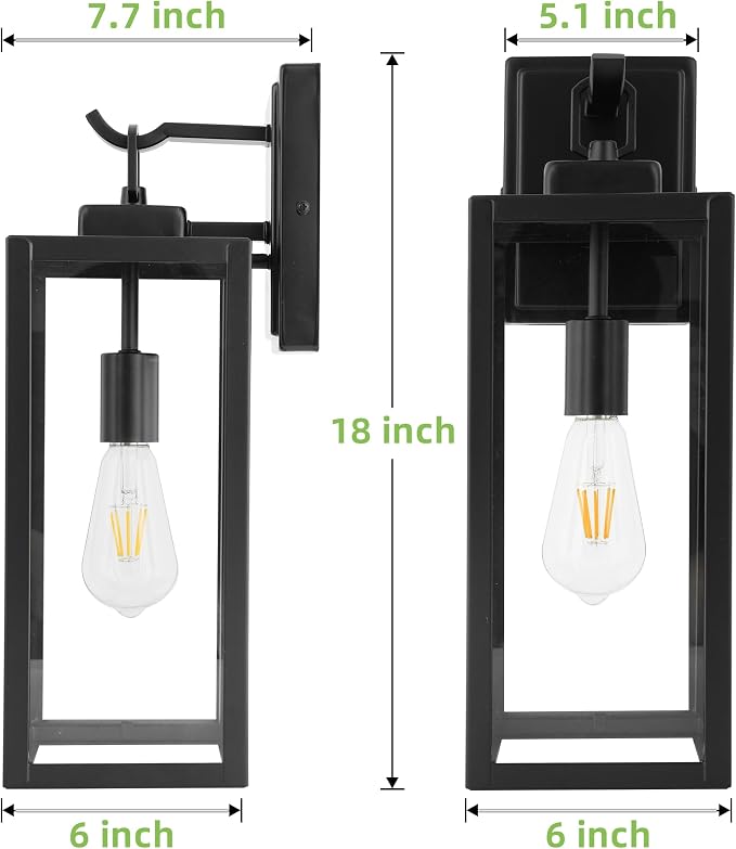 hykolity 18 Inch Outdoor Wall Light, Waterproof Lighting for House Exterior | Large Size Black Outdoor Light Fixture Wall Mount with Glass Shade, Lantern Light for Patio, Yard, Garage, Backyard, 2 Pack