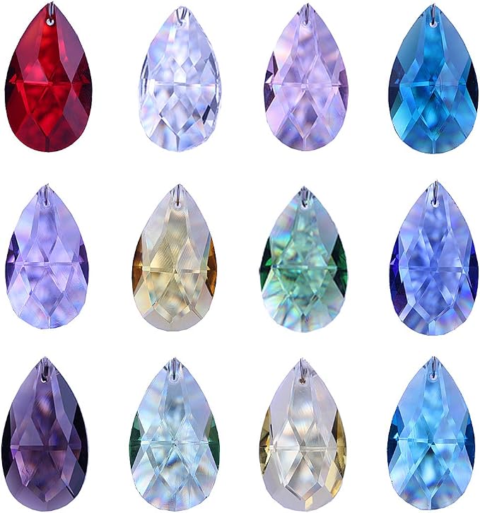 12 Pcs 38mm Multi-Color Crystal Prism Suncatcher Window Decor | Multi-Color Feng Shui Faceted Crystal Grid Prism 38mm Suncatcher Pendant Set of 12 for Window Chandelier Garden Wedding Decor