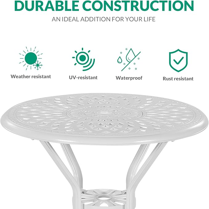 VIVIJASON 31" Patio Height Bar Table, All-Weather Cast Aluminum Bar Bistro Table Outdoor Patio Round Dining Table with Umbrella Hole for Balcony, Lawn, Garden, Backyard, White