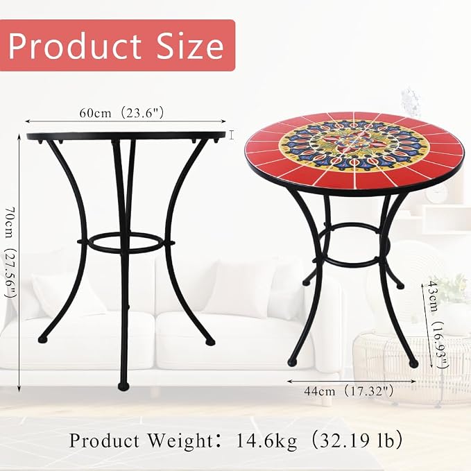 24 Inch Mosaic Patio Round Side Table with Ring Curved Legs Indoor and Outdoor Accent End Table for Yard, Garden, Living Room, Bistro, A - Red Mandala