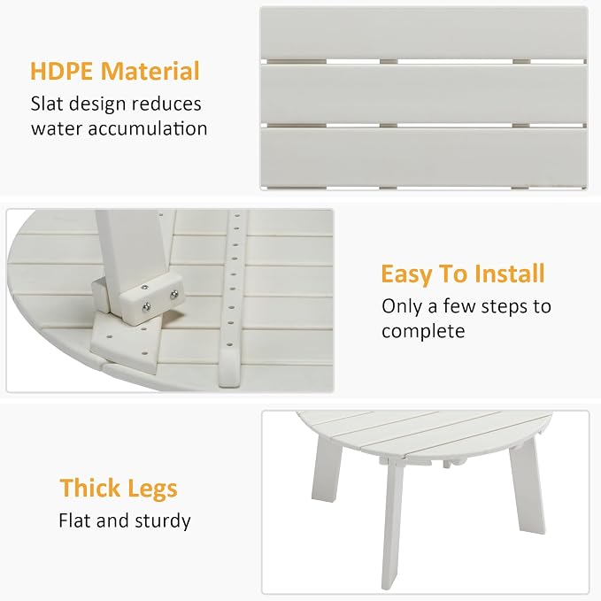 Outdoor Round Coffee Table, Adirondack Patio Coffee Table, Outdoor Large Side Table for Balcony Lawn (White)