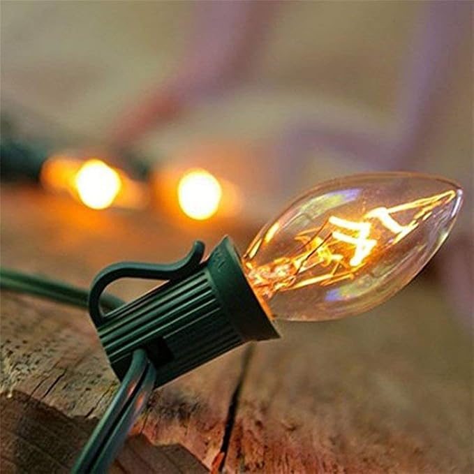 C7 Christmas Lights Outdoor, 25Ft C7 Warm White Christmas Decorations String Lights with 27 Clear Incandescent Bulbs, Vintage Christmas Lights for Roofline House Garden Patio Xmas Tree Party, Green