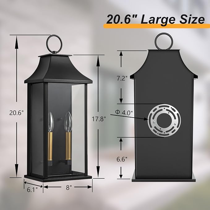 Dusk to Dawn Outdoor Wall Lantern, Black Exterior Light, 20.6" | Large Outside Wall Sconce, Modern Wall Light Fixture with Glass, Waterproof Exterior Lamp for House, Porch, Garage