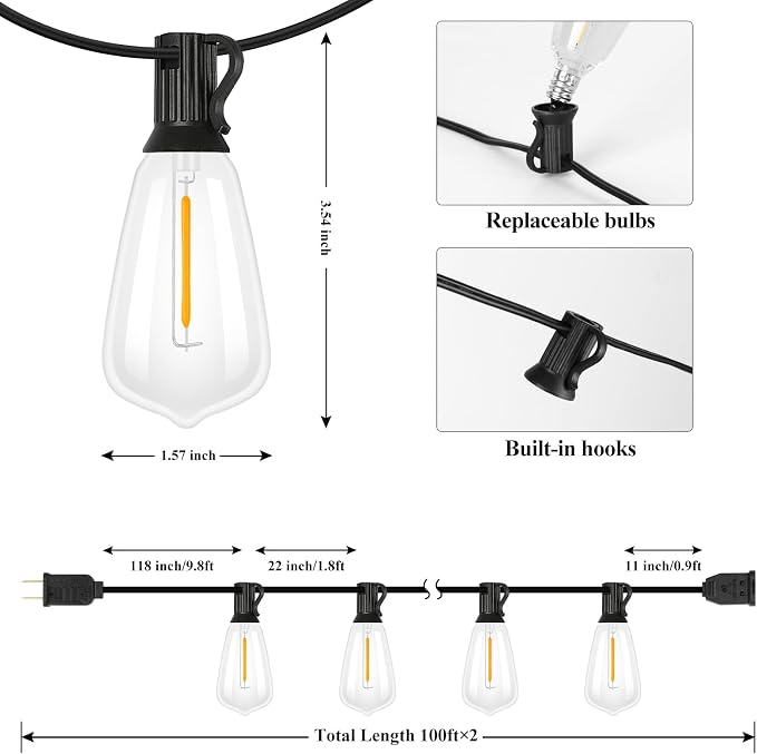 Brightever LED String Lights Outdoor Waterproof, 200FT 2200K Dimmable Patio Lights with 104 Shatterproof ST38 Vintage Edison Bulbs, Outside Hanging Light for Porch, Deck, Garden, Backyard, Balcony
