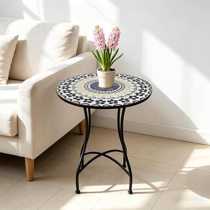 23.6" Outdoor Patio Mosaic Round Table Garden Bistro Accent Table | Ceramic Tile Waterptoof Side End Table Metal Frame Dining Table Furniture for Balcony Backyard Porch Poolside Terrace