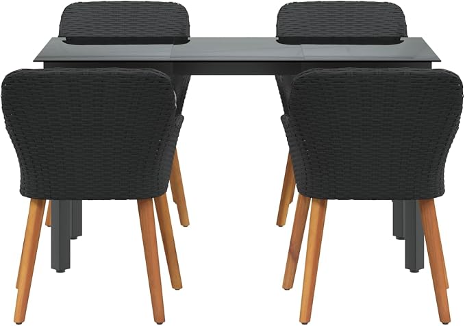 Garden Dining Set with Cushion 5 pcs Black Poly Rattan Outdoor Patio Furniture Table and 4 Chairs for Backyard Poolside Deck Porch Lawn Weather Resistant Easy Assembly