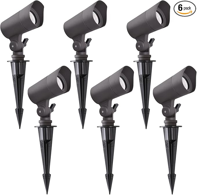 E ENERGETIC LIGHTING LED Landscape Lights with Connectors, 12V Low Voltage, Warm White 3000k, 4W, 175LM, Outdoor Waterproof Garden Pathway Lights Wall Tree Flag Spotlights with Spike Stand, 6 Pack