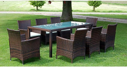 9 Piece Patio Dining Set with Cushions Poly Rattan Brown Outdoor Table and 8 Chairs Glass Top Aluminum Frame Weatherproof for Garden Deck Backyard Entertainment