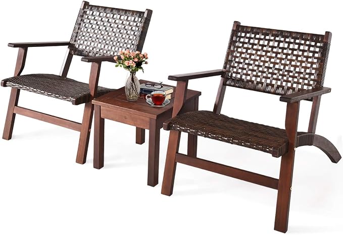 Tangkula 3 Pieces Patio Conversation Set, Solid Eucalyptus Wood Frame Outdoor Wicker Furniture Set Bistro Set with Coffee Table, Rattan Furniture Set for Backyard Porch Garden Poolside Balcony (Brown)
