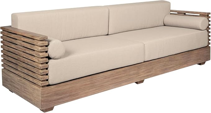 Armen Living Vivid Outdoor Patio 4 Piece Conversation Set in Light Eucalyptus Wood with Taupe Olefin Cushions