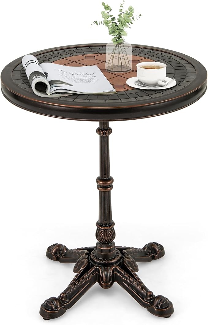 HAPPYGRILL 24” Patio Side Table, Outdoor Cast Aluminum End Table w/Painted Tabletop & Cross-Shaped Base, Mid Century Coffee Table Decorative Accent Table for Living Room Backyard Garden