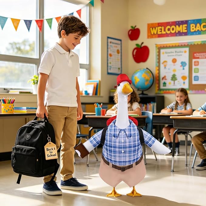 Celltestria Back to School Goose Outfits Porch Goose Costume with Schoolbag Book Blue Grid Goose Clothes for 23" Geese School Outdoor Patio Yard Lawn Garden Art Decoration