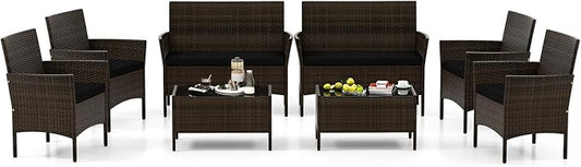 4 Piece Patio Furniture Set, Sectional Conversation Sofa Set with Glass Coffee Table, Cushions & Loveseat, Wicker Outdoor Table and Chairs for Pool, Garden, Deck, Backyard (2, Black)