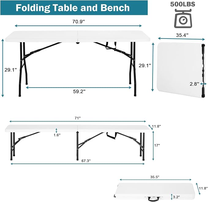 6ft Folding Table and Benches, Outdoor Folding Benches Set of 2, Foldable Table with Handle, Tables and Benches for Parties, Picnic, Event, Indoor Outdoor Activities, at Home and Commercial Use, White